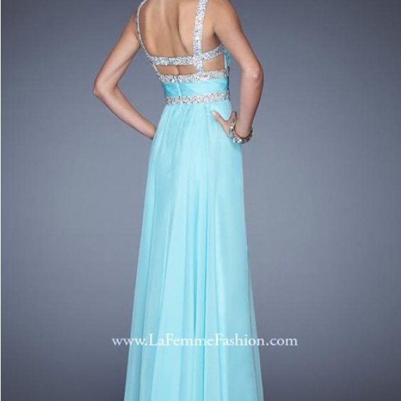 NWT Stunning Jeweled-Strap V-Neck Prom Long Dress by La Femme, Silk, Black Sz 4 - Picture 3 of 13